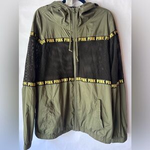 VICTORIA'S SECRET PINK Full Zip Anorak Hoodie Gold Foil Bling‎ Olive size Medium